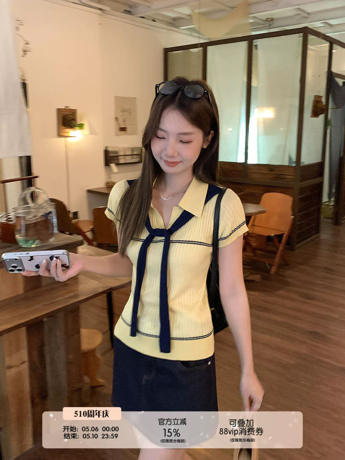 황색 학원 스타일 배색 숄 POLO 칼라 니트 맨위 여성 한 부서 몸매 가꾸기 다용도 반팔 티셔츠 여름