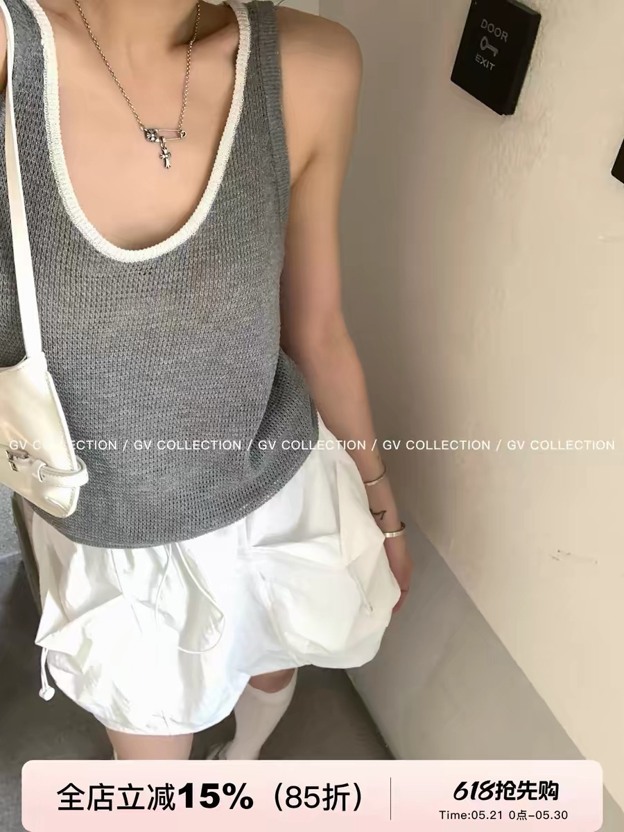 빛 산소 호흡 배색 u 칼라 느슨함 센스 홀로우 아웃 민소매 조끼 여름 새로운 다용도 맨위