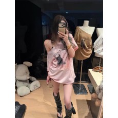 批发 40支纯棉 粉色斜肩短袖t恤女夏季宽松显瘦休闲上衣