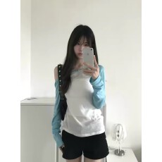 批发天丝羊绒  撞色拼接斜肩防晒罩衫女<b class='q'>夏季</b>修身显瘦百搭上衣