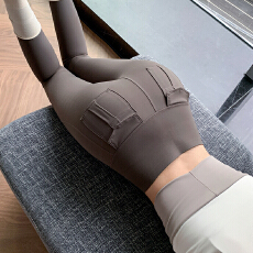 批发现货实拍咖色口袋工装瑜伽裤女<b class='q'>弹力</b>收腹提臀鲨鱼裤健身骑行打底裤