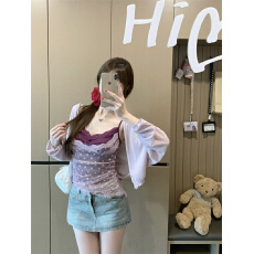 批发实价实拍~新款气质纯欲<b class='q'>蕾丝</b>V领吊带+针织防晒开衫两件套