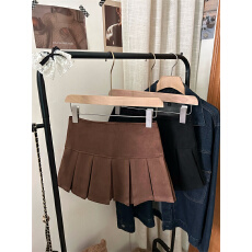 批发实价实拍~新款辣妹风纯色鹿皮绒减龄A字防走光<b class='q'>百褶</b><b class='q'>短裙</b>