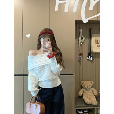 批发实价实拍~秋冬新款韩系一字肩绞花露肩针织上衣气质<b class='q'>毛衣</b>