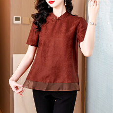 批发红云纱斜襟领国风盘扣短袖下摆拼<b class='q'>欧根纱</b>旗袍款上衣