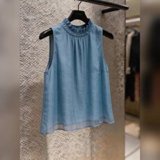 批发通勤风荷叶边领无袖上衣女蓝色高级感气质背心2026春<b class='q'>夏</b>新款
