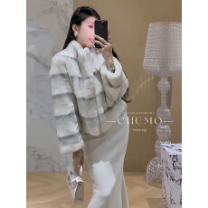 批发韩系小香风渐变撞色立领环保毛外套2025冬季加厚短款仿皮草上衣潮