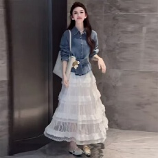 批发时尚套装裙女士春装新款收腰显瘦洋气牛仔衬衫白色半身裙子两件套