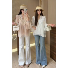 批发设计感花边拼接v领长袖衬衫女春季法式宽松粉色衬衣小众气质上衣