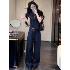 批发韩风chic复古牛仔套装女夏季新款高级感显瘦衬衫上衣阔腿裤两件套