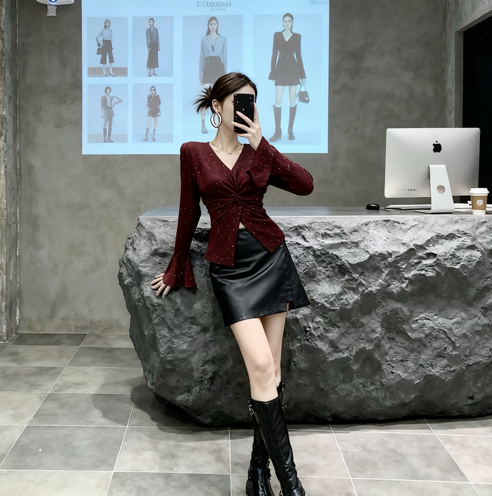 BY33308# 法式气质设计感交叉V领喇叭袖T恤女秋季新款侧开叉显瘦a字皮裙 服裝批發女裝批發服飾貨源