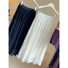 批发两面穿拼接<b class='q'>蕾丝</b>镂空半身裙女25秋冬新款高腰中长裙A字丝绒百褶裙