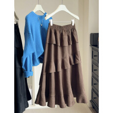 批发不规则荷叶边拼接麂皮绒<b class='q'>半身裙</b>女秋冬2025<b class='q'>高腰</b>显瘦百搭层层蛋糕裙