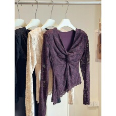 批发加绒加厚纯欲设计感扭结V领不规则<b class='q'>蕾丝</b>衫女秋冬修身显瘦内搭打底