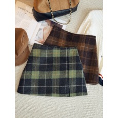批发撞色独特绿色毛呢格子短裙女2025秋冬韩系高腰前开叉包臀半身裙子