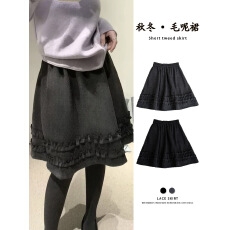 批发韩系木耳边毛呢半身裙女25秋冬新款松紧高腰显瘦百搭a字五分<b class='q'>中裙</b>