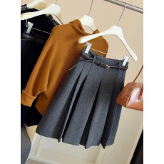 批发<b class='q'>秋</b>冬款加厚毛呢百褶半身裙女2025新款高腰遮胯显瘦A字中裙~送腰带