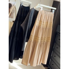 批发早春新款蕾丝镂空拼接高腰显瘦半身裙女秋温柔风气质A字过膝长裙