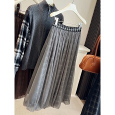 批发<b class='q'>时尚</b>气质网纱拼接格子半身裙女春季新款松紧腰宽松显瘦蓬蓬花苞裙