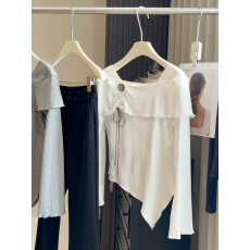 批发辣妹方领一字肩长袖t恤女春2026新款小众设计感短款内搭小衫上衣