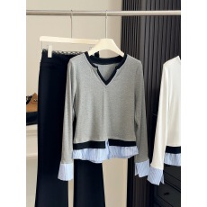 批发2026春季新款撞色假两件拼接V领针织衫女修身百搭长袖打底衫上衣