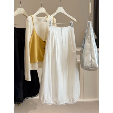 批发设计感下摆花边白色花苞半身裙女春夏新款高腰宽松显瘦中长灯笼裙