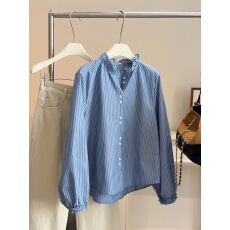 批发韩版气质木耳花边领竖条纹衬衫女式2026春季新款宽松显瘦衬衣上衣