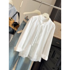 批发法式<b class='q'>白色</b>蕾丝绑带长袖<b class='q'>衬衫女</b>春秋宽松中长款刺绣镂空叠穿衬衣上衣