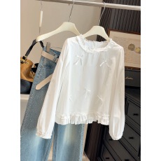 批发韩系甜美减龄木耳边蝴蝶结贴花白<b class='q'>衬衫女</b>春装新款宽松长袖衬衣上衣