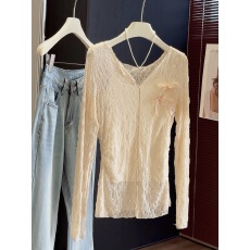 批发纯欲风V领蝴蝶结<b class='q'>蕾丝</b>衫女夏新款显瘦透视网纱长袖<b class='q'>罩衫</b>吊带两件套