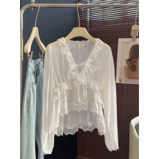 批发法式蕾丝花边V领长袖<b class='q'>衬衫</b>女夏季2026新款肌理感罩衫气质短款上衣