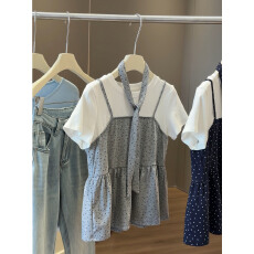 批发韩系波点<b class='q'>假两件</b>短袖T恤女夏季2026新款设计感收腰显瘦百搭<b class='q'>上衣</b>