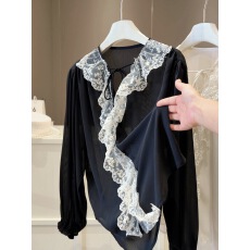 批发气质蕾丝拼接长袖衬衫女夏季2026新款薄款温柔荷叶边系带<b class='q'>V领</b>上衣