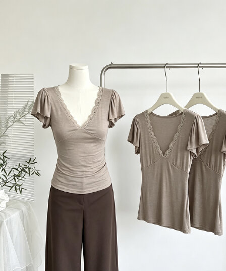 sheepland 하트 비트 사냥꾼 주간 실크 양모 작은 날다 소매 레이스 측면 반팔 티셔츠 여성 여름 허리 수축 슬림해 보이는 맨위
