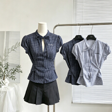 批发韩系蝴蝶结镂空系带<b class='q'>衬衫</b>女夏季复古格纹<b class='q'>衬衣</b>正肩短袖<b class='q'>修身</b>收腰上衣