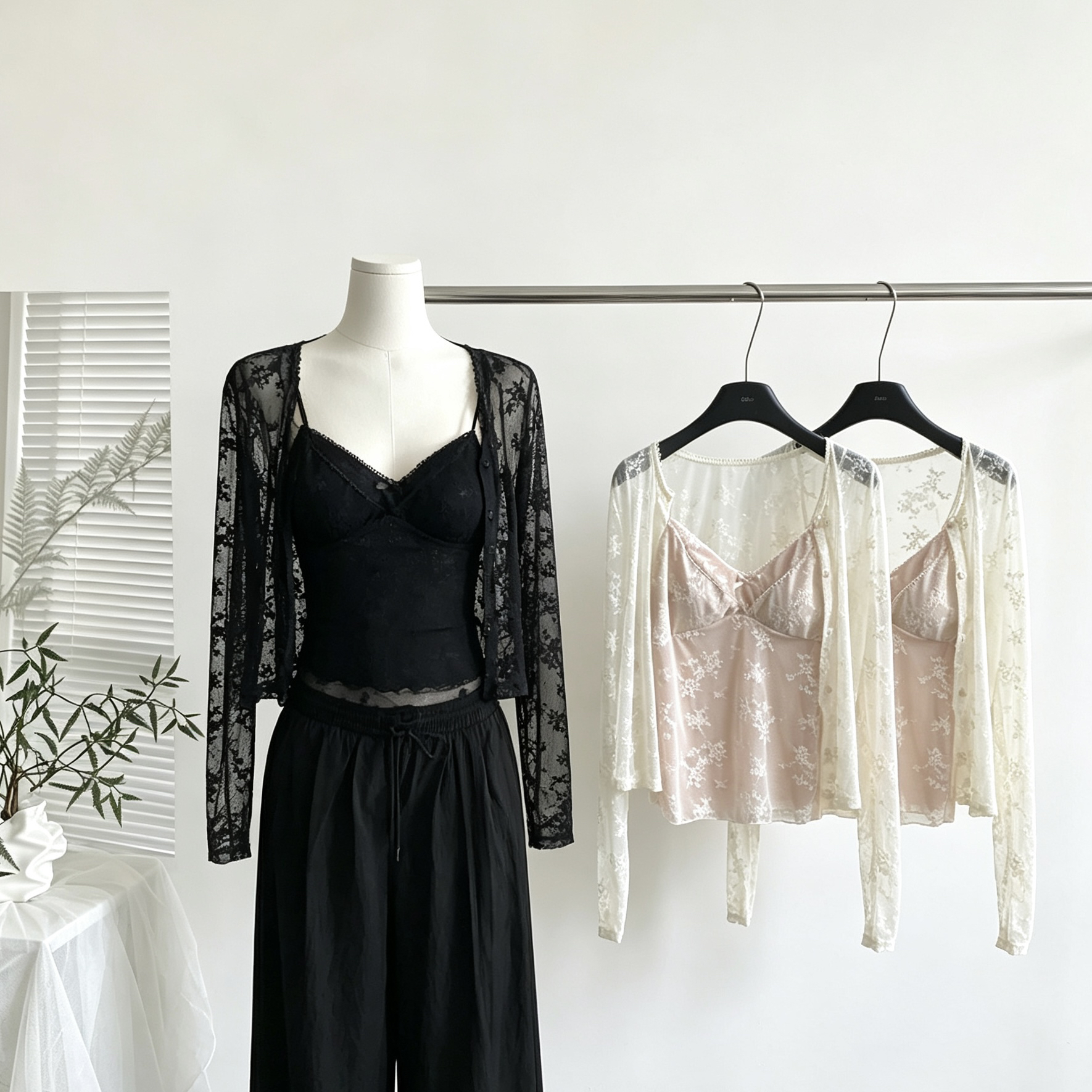 skk store 소녀 마음 민소매 작은 셔츠 순수한 욕망 망사 자카드 레이스 캐미솔 오픈 가디건