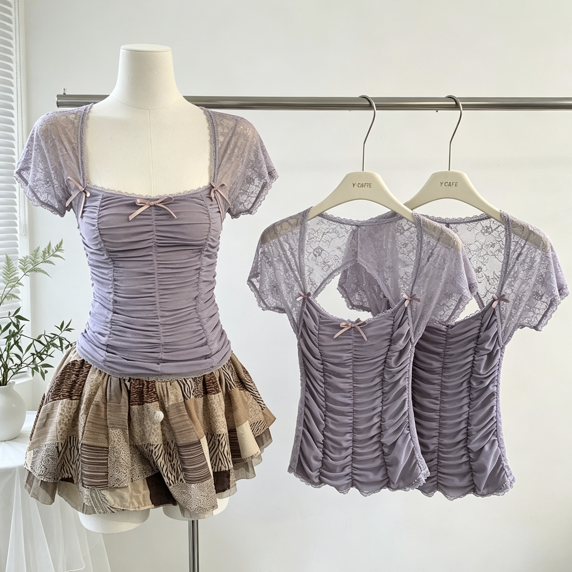 잡식성 universe 포도 보라색 광장 칼라 튜브탑 펌프 Pleat 망사 레이스 조각 반팔 허리 수축 슬림해 보이는 티셔츠 여성