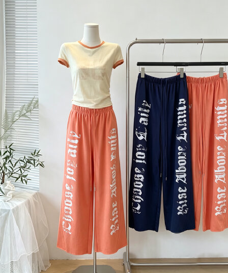 닝 부문 면 프린트 스트레이트 루즈핏 긴 바지 여성 여름 캐주얼 바람 펌프 로프 넓은 다리 순면 9부 바지