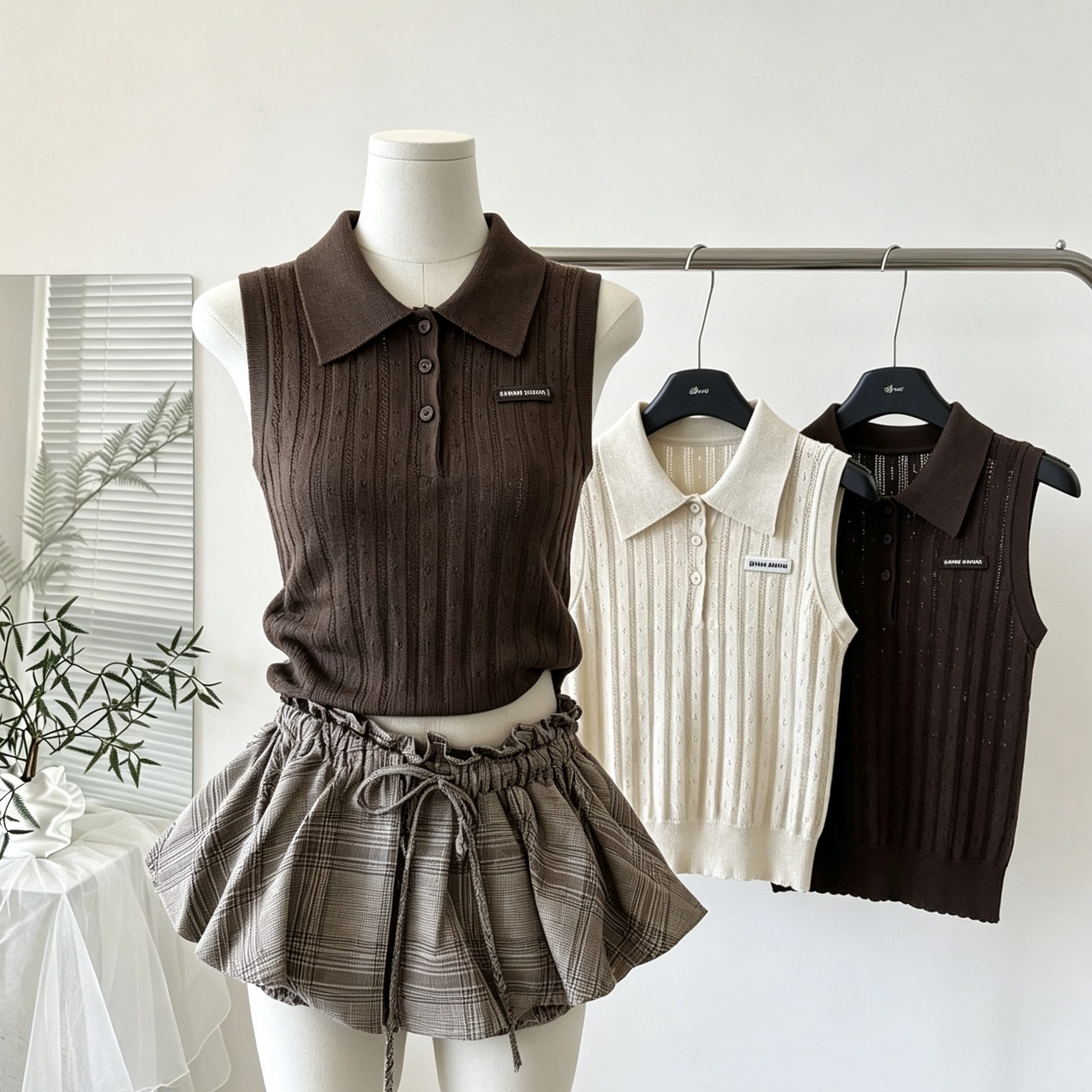 토끼 따뜻한 따뜻한 y2k 학원 스타일 POLO 칼라 민소매 니트 조끼 꽃밭 치마바지 여성 여름 세트 ootd 착용 가져 가라.