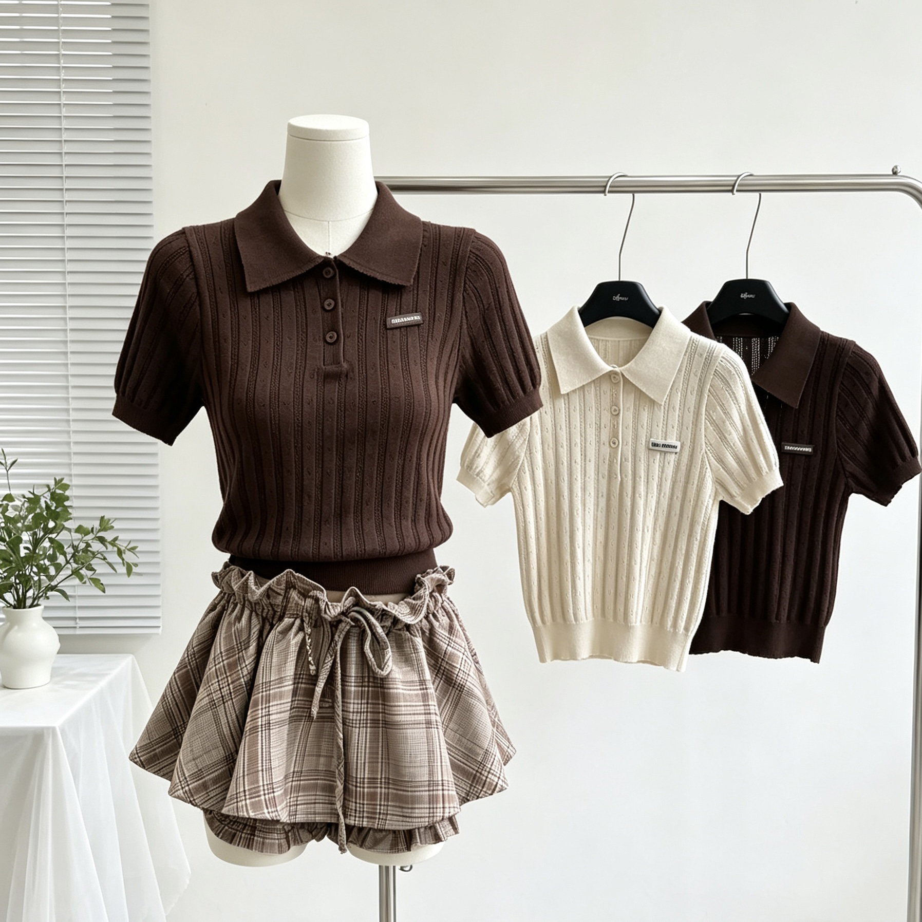 2026 여름 새로운 작은 샤넬 스타일 POLO 칼라 홀로우 아웃 니트 스웨터 여성용 짧은 소매 티셔츠 슬림해 보이는 디스플레이 화이트 폴로 칼라 맨위