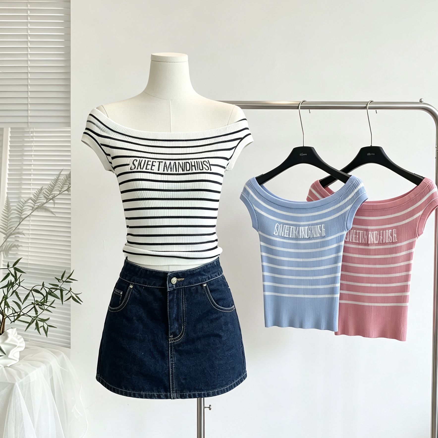 okmashop 한 남쪽 구멍 유럽 니켈 스트라이프 니트 스웨터 여성 여름 순수한 욕망 섹시함 몸매 가꾸기 오프숄더 맨위