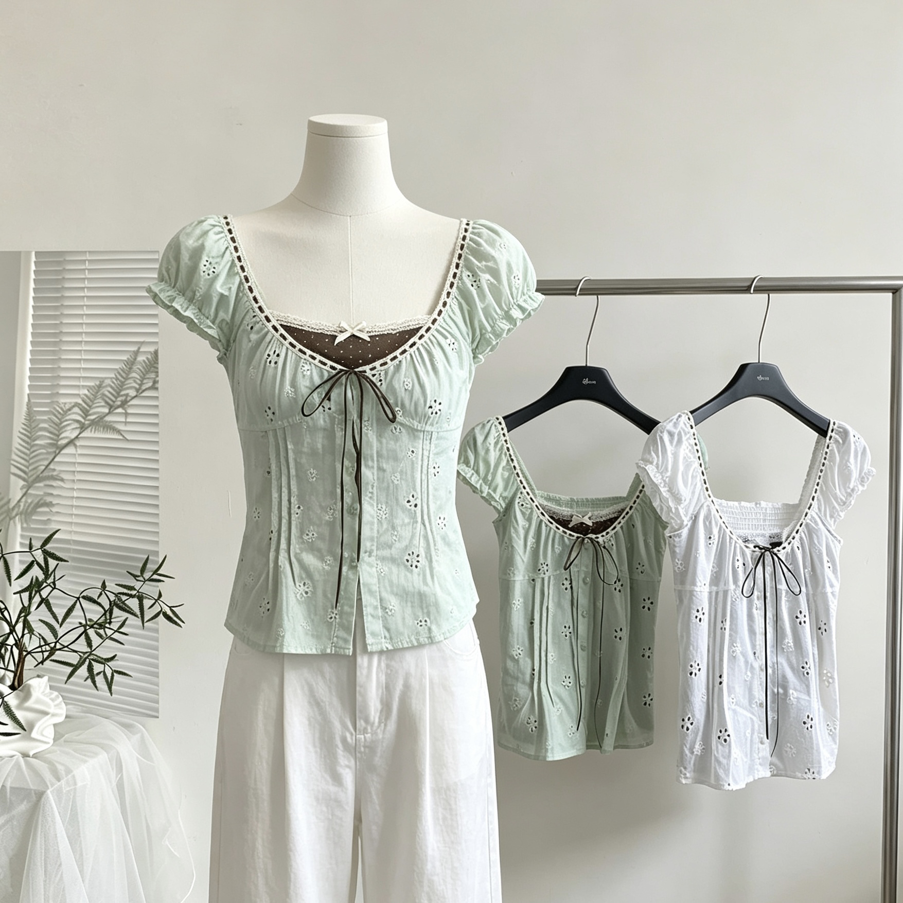 callmeear 오리지널 코코아 매너 배색 u 칼라 거품 소매 작은 셔츠 여성 허리 수축 페이크 레이어드 맨위