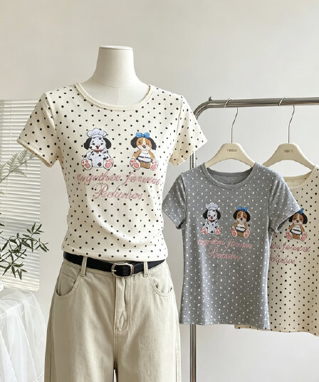 안녕하세요. 대포 아메리칸 만화 도트 무늬 프린트 반팔 티셔츠 여성 여름 새로운 느긋한 작은 셔츠 기초 긍정적 인 어깨 의류