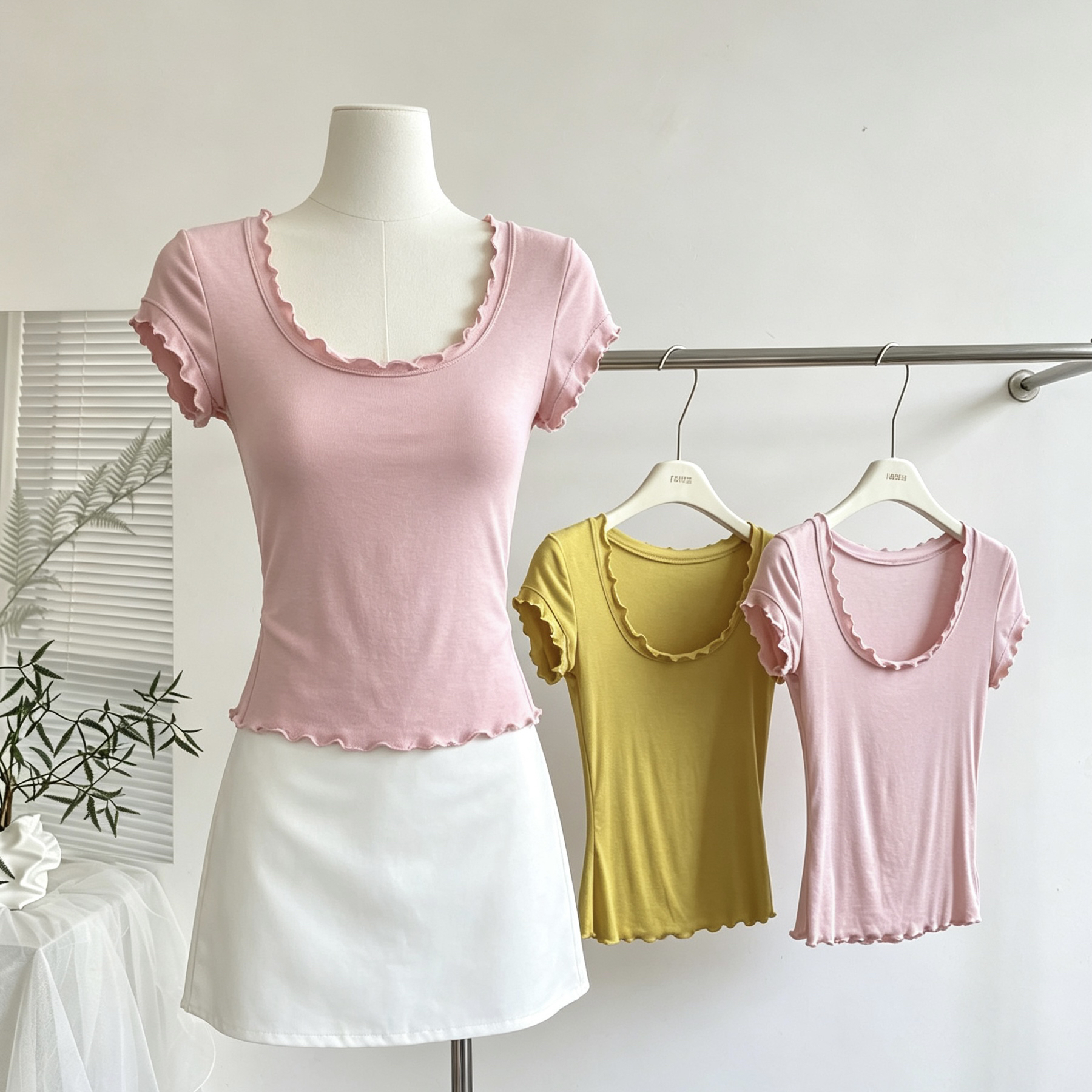 jmshop 아름다움 욕망 빛 요리 한 tee 정회원 보존 주간 실크 양모 반팔 티셔츠 여성 u 칼라 물결무늬 측면에 의류