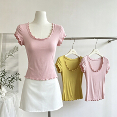 批发JMSHOP 美欲<b class='q'>轻熟</b>tee 全员自留！天丝羊毛短袖T恤女U领波浪边上衣