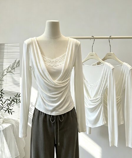 yolo shop 주간 실크 양모 레이스 페이크 레이어드 흔들다 칼라 긴팔 맨위 고급 품격 V넥 인사이드 가져 가라. 만나는