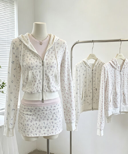jmshop 남자 센스 화이트 여성 후아 남편 그리드 꽃무늬 후드티 세트 가을 프린트 후드 재킷 타이트 스커트 반신 스커트