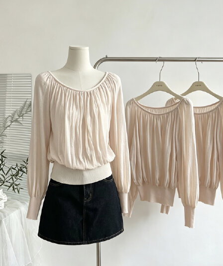 oyff 어디서? 어디서? 와라. 싱글 아마 차가운 셔츠 대 네클라인 펌프 Pleat 긴팔 비스듬한 어깨 니트 맨위 몸매 가꾸기 작은 셔츠