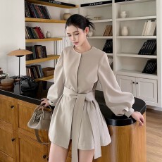 批发25秋冬韩版高级感气质收腰系带显瘦灯笼袖圆领中长款风衣外套