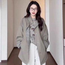 批发日系复古立领高级穿格子风衣外套女秋冬新款宽松中长款英伦风大衣